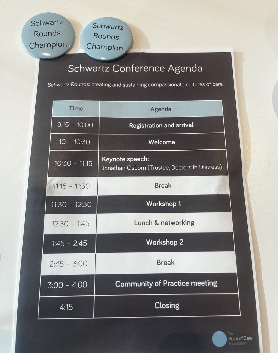 And we’re off! First up, <a href="/SFMassie/">Sarah Massie she/her🇺🇦🇪🇺</a> is opening the day.

Next is our keynote speech by Jonathan Osborn from <a href="/DoctorsDistress/">Doctors In Distress</a> 💭

#SchwartzRounds