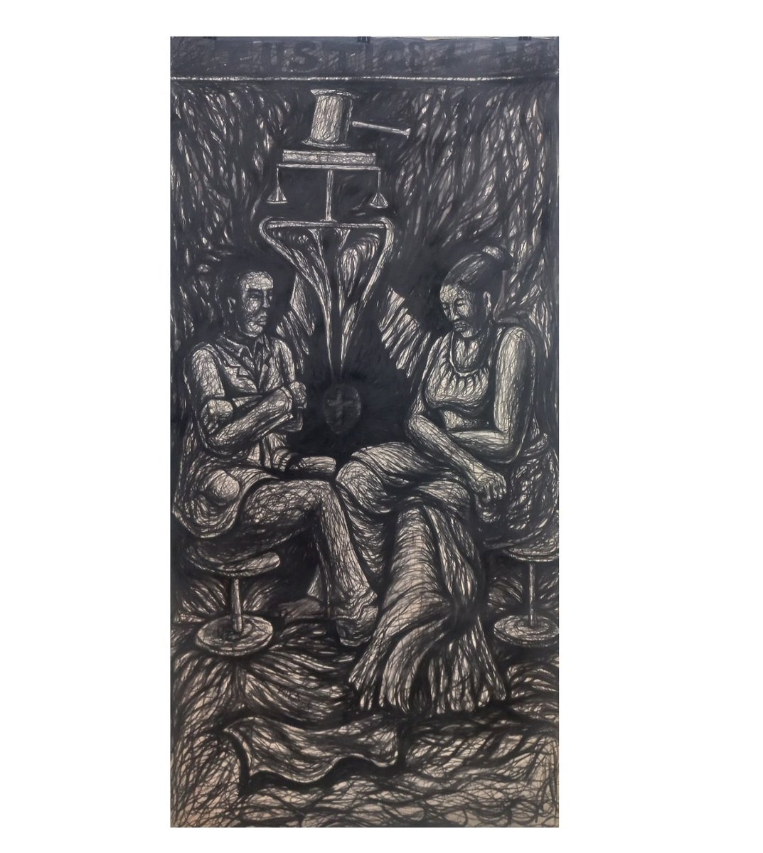 .
Series: Stepping Into Artistry.
Title: Justice for all
Medium: Charcoal on paper

Artwork on the justice system. Emphasizing on equality no matter which parties are on the wrong
Artwork also touches on religion as  it has been used to provide loopholes in justice system