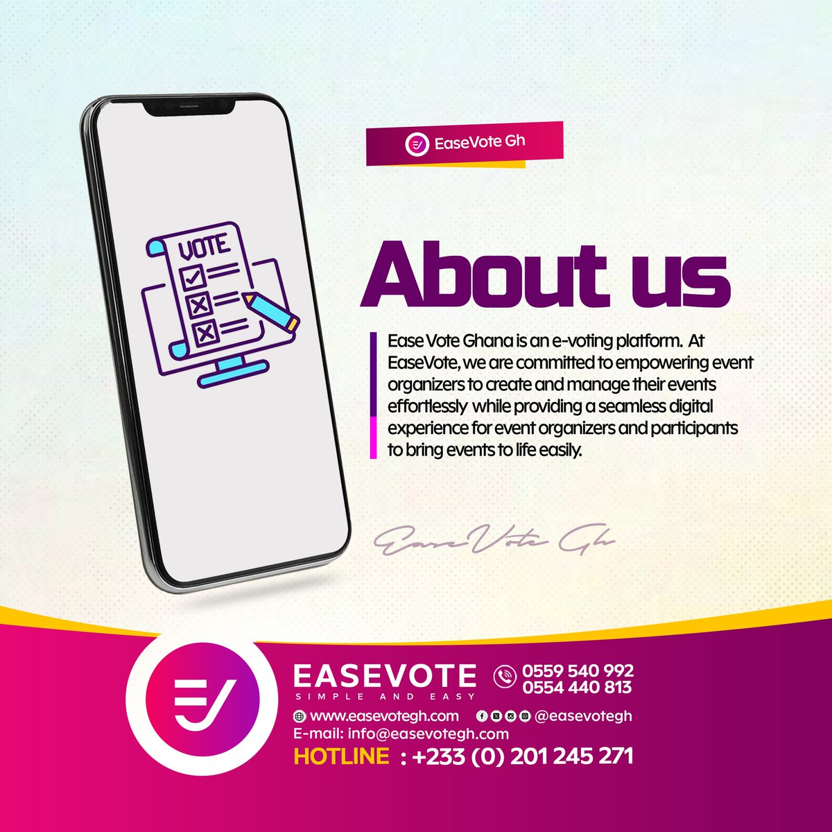 ease_vote's tweet image. 🟣⚪🟣⚪🟣⚪🟣⚪🟣
Discover the power of e-voting with EaseVote Gh. Explore our innovative means to revolutionizing event management and the e-voting process. Connect with EaseVote Gh today!

#EaseVoteGh
#SimpleAndEasy