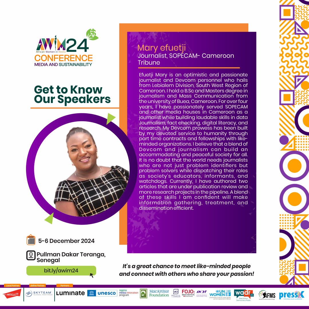 The African Women in Media (AWiM) Annual Conference returns this December 5-6, 2024, at the Pullman Dakar Teranga, Senegal.
Join 250+ attendees and inspiring speakers like Lebogang Maphada, @ListerNamumba, Marie-Louise Fellite Bidias, Mary Efuetji (<a href="/nkemngongefuet3/">Efuet Mary</a>) for a