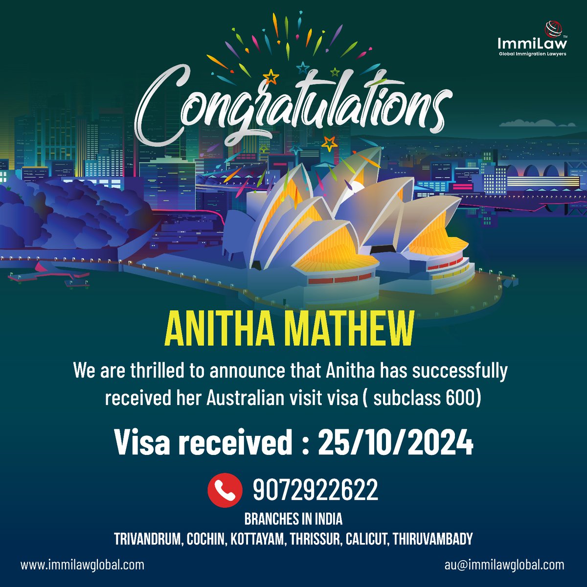 immilawglobal's tweet image. 🎉 Exciting News! 🎉

We are thrilled to announce that Anitha Mathew has successfully received her Australian Visit Visa (Subclass 600)! 🇦🇺✨

Visa Received: 25/10/2024
📞 For inquiries: +91 9072 922 622
#AustraliaVisa #VisitVisa #Subclass600 #VisaApproved #ImmiLawGlobal