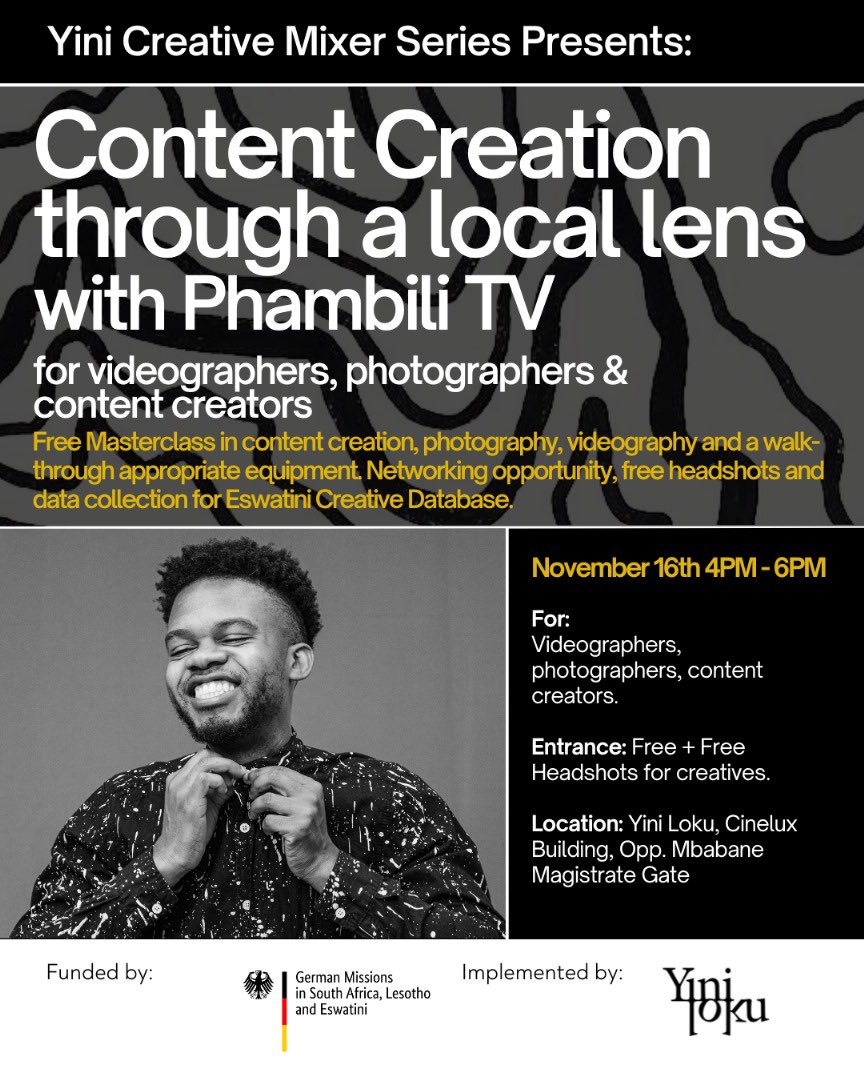 Join us for our next Creative Mixer session: Content Creation Through a Local Lens masterclass led by <a href="/phambilitv/">phambilitv</a>. He will walk us through capturing authentic local stories. This event is made possible by <a href="/GermanyinSA/">Germany in SA</a>. 

Sat, Nov 16th 4pm - 6pm at Yini Loku. Entrance is Free!