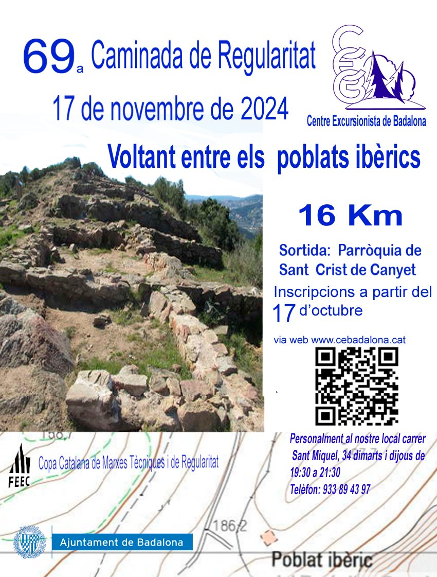 Aquest diumenge 17 de novembre torna la Caminada de Regularitat per muntanya. 🏃‍♂️🏃‍♀️

Aquesta vegada pels poblats ibèrics del nostre entorn. ⛰️🌲