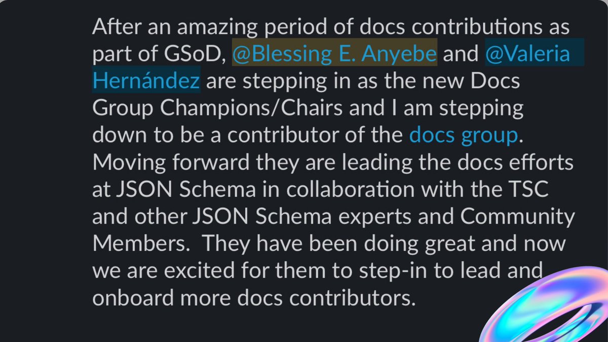 BibiTheWriter's tweet photo. Career Update Clock! 🥳🥳

Became a Docs Group Champion/Co-Chair for @jsonschema!

To everyone who has supported me in one way or another through this journey, thank you! 🤗🤗 https://t.co/kpZKCqvCmK