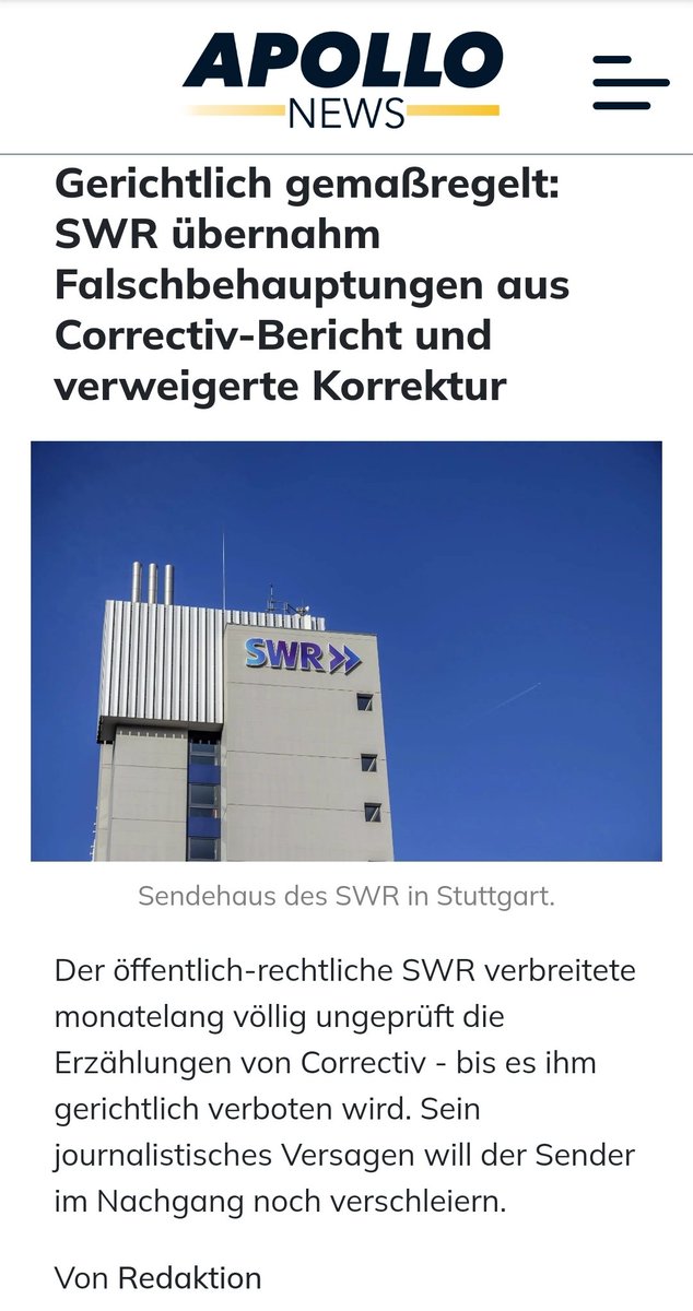 Der öffentlich-rechtliche SWR verbreitete monatelang völlig ungeprüft die Erzählungen von #Correctiv - bis es ihm gerichtlich verboten wird. Sein journalistisches Versagen will der Sender im Nachgang noch verschleiern. #ReformOerr #OerrBlog