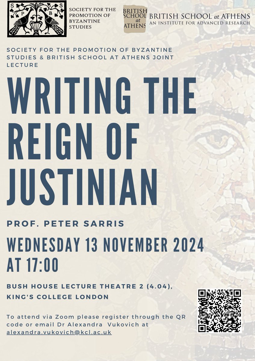 We would like to invite you to join us for the SPBS/BSA Autumn Lecture, featuring Prof Peter Sarris (University of Cambridge).

📜WRITING THE REIGN OF JUSTINIAN
📅 Wednesday, November 13th, 2024
🕰️ 5:00 PM (London)
📍 in person / online

For more info:
bsa.ac.uk/events/spbs-pe…