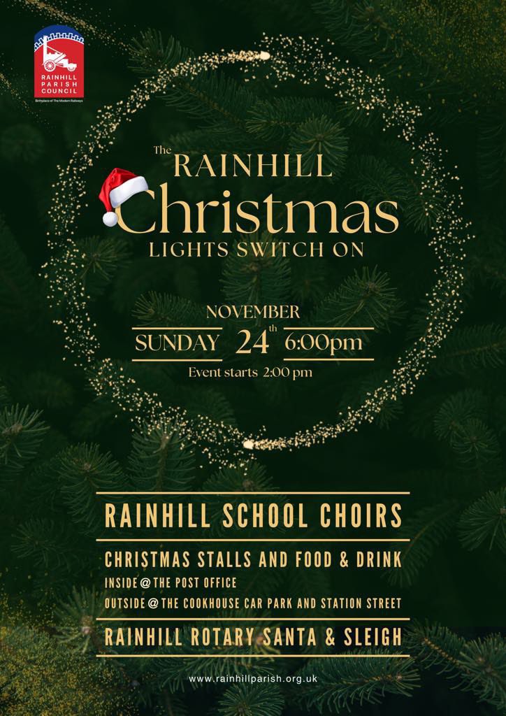 Rainhill Parish Council Christmas Lights Switch on🎄

6 choirs singing 🎶

Rainhill Rotary Santa on his Sleigh🎅

East Liverpool RDA with Henry the Horse🐴

Christmas market stalls inside the Post Office and on the Cookhouse car park🎁

Food &amp; Drink stalls on Station Street 🍺 🌭