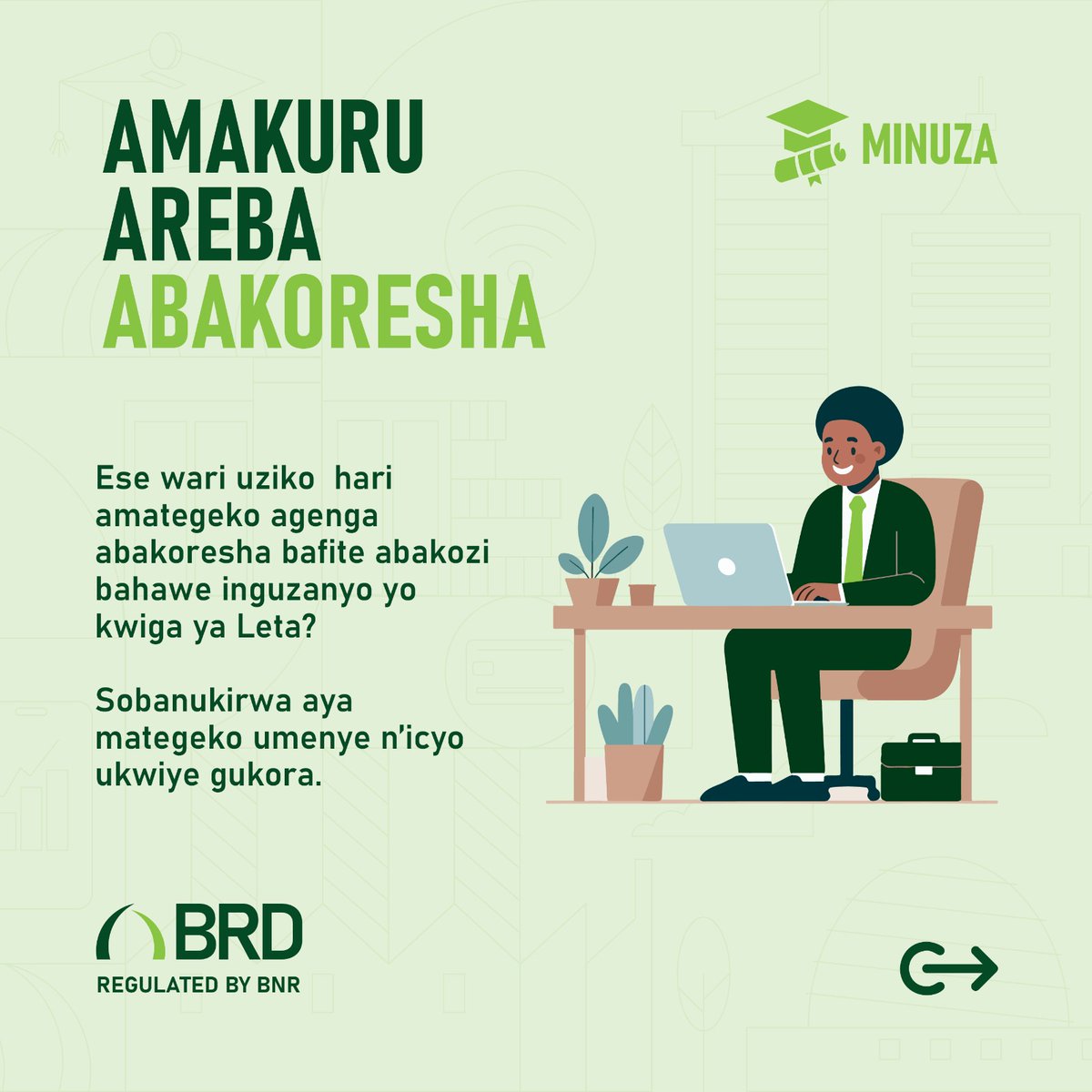 BrdEducation's tweet photo. 📢Ku bakoresha mwese:

Mu makuru y'ibanze musaba/muhabwa n'abakozi bashya mu bigo byanyu, mujye mwibuka ayerekeye inguzanyo yo kwiga amashuri makuru na kaminuza, kandi namwe mubimenyeshe BRD mu gihe kitarenze iminsi 15, umukozi atangiye akazi.

Ku yandi makuru mwasoma iri teka: https://t.co/n4I2Vk9HnR