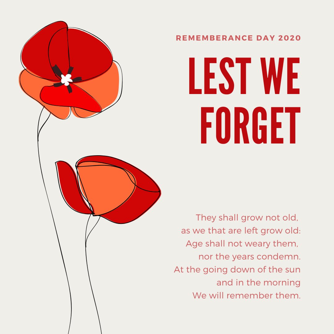 They shall grow not old, as we that are left grow old:
Age shall not weary them, nor the years condemn.
At the going down of the sun and in the morning
We will remember them.
#LestWeForget #RemembanceDay