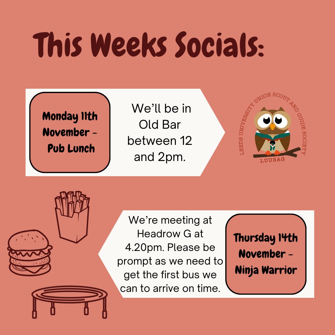 Pub lunch is Monday 11th November in Old Bar, we'll be posting our location on the story and in the members chat if you're wanting to come along!

On Thursday 14th November we'll be taking on the Ninja Warrior Leeds. We're meeting at 4.20pm at Headrow G, please be prompt.