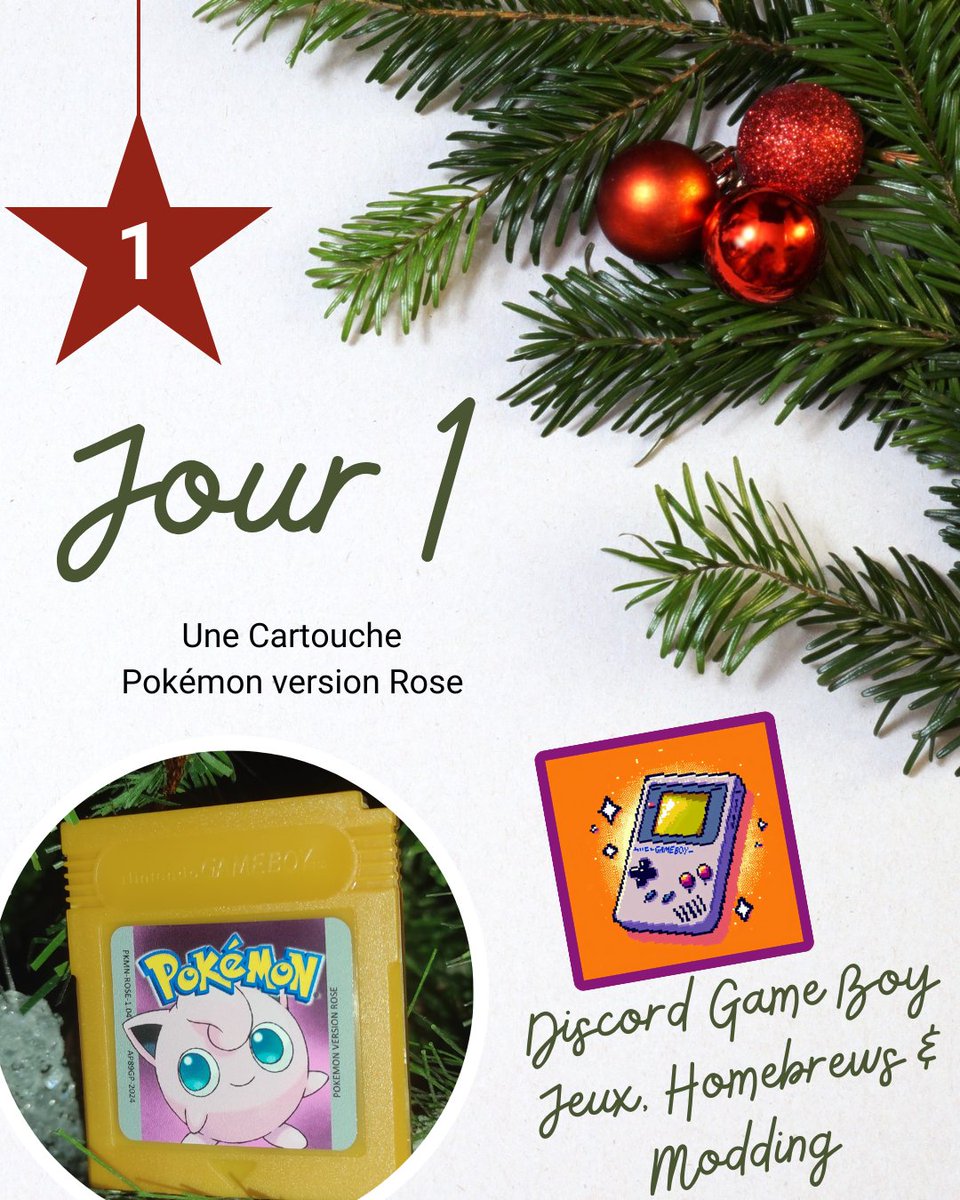 Calendrier de l'avent ! 
1/24
Gagnez 1 cartouche de jeu Pokémon version Rose pour Game Boy

Pour participer : 
1️⃣Suivez le compte
2️⃣RT

Doublez vos chances en rejoignant le serveur Discord

Fin le 01/12/2024 à 23h59 - Tirage au sort le lendemain

#Concours #Giveaway