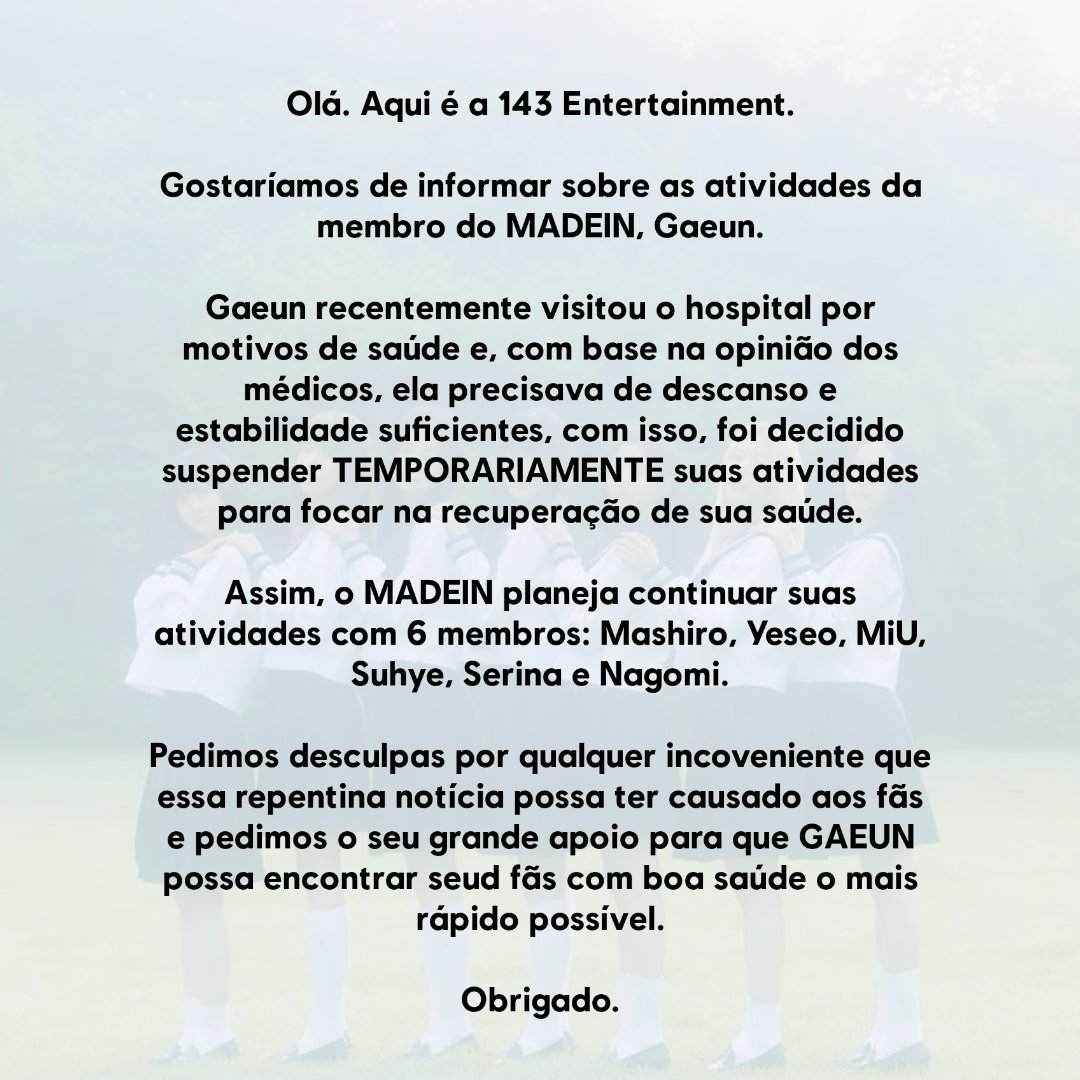 wemadeinbrazil's tweet photo. 🚨| 143 Ent. informou que #GAEUN visitou o hospital recentemente e por motivos de saúde ela entrará em um hiatus de tempo indeterminado. O MADEIN continuará suas atividades como um grupo de 6 membros. 

Confira a tradução; 

#MADEIN #메이딘 #メイディン  @MADEIN_U https://t.co/X020xUITNW