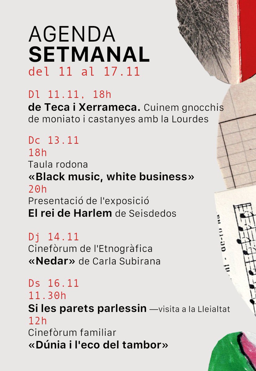 ⚡️ Aquesta setmana:

🌰 especial Castanyada al de Teca i Xerrameca; 🗽 inaugurem l'expo d'il.lustració «El rei de Harlem»; 🎬parlem dels silencis de la Guerra Civil; 🏫 visitem la Lleialtat; 🥁 matinal de cine familiar per conèixer les refugiades sirianes

lleialtat.cat