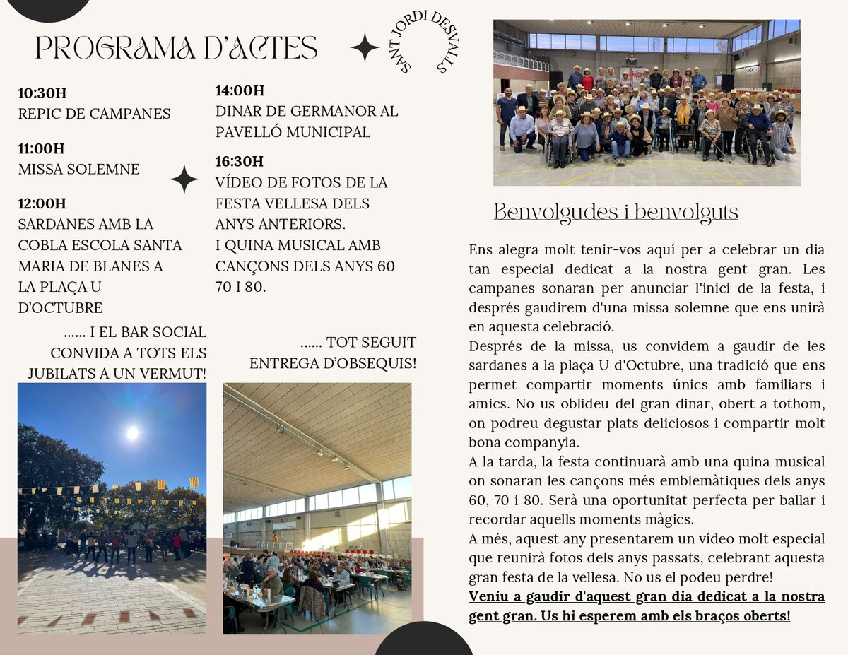 El proper 17 de novembre es celebra la 46ena festa d’homenatge a les persones majors de 65 anys de Sant jordi Desvalls amb el suport de la Fundació la Caixa @fundlacaixa i la Diputació de Girona @diputaciogirona amb el següent programa d’activitats:

Us hi esperem!