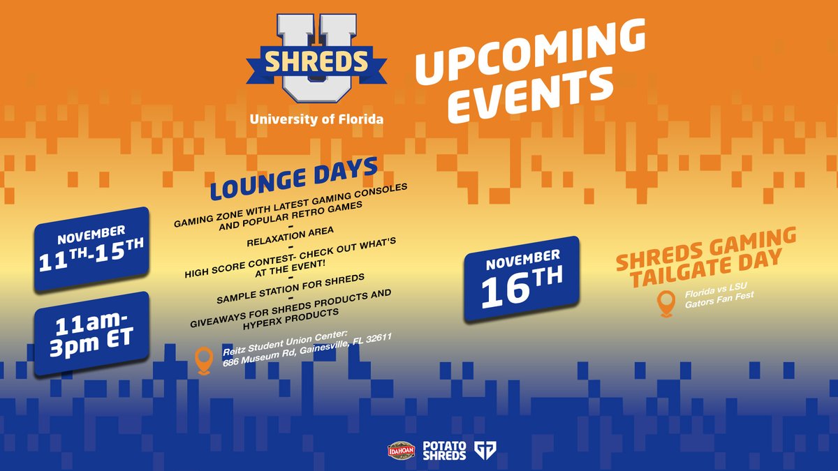 GenG's tweet photo. 🐊 UNIVERSITY OF FLORIDA, WYA ⁉️
We're here at the Reitz Student Union Center with @IdahoanFoods for day one of our UF x Shreds Lounge Days!
Come through NOV 11-15 from 11AM - 3PM ET to fill up on some Shreds, test your luck in giveaways, compete in the gaming zone, and win contests! 🥔💛🖤
#GenGxShreds #ShredsGaming #GetShreducated #ShredLife #IdahoanPotatoes @reitzunion