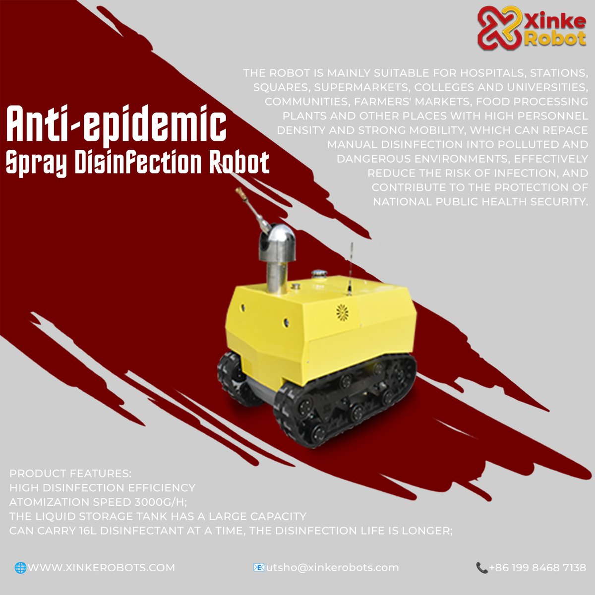 xinkerobots's tweet image. Reach out via phone or WhatsApp at +86 19975187538.
📷 Email us at utsho@xinkerobots.com.
📷 Swipe up to see our disinfection robot in action, keeping our world safer and cleaner! 📷
#DisinfectionRobot #AntiEpidemicTech #XinkeRobots #HealthSafety