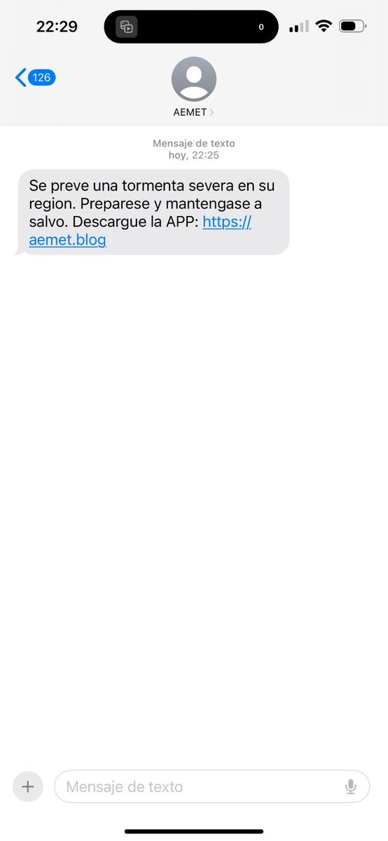 ⚠️IMPORTANTE | Algunos usuarios informáis de que habéis recibido SMS supuestamente procedentes de Aemet, acompañados de un enlace. Es falso.

Aemet NUNCA ENVÍA SMS. Si recibes un mensaje similar, NO ABRAS EL ENLACE. Nuestra APP solo se puede descargar en las stores oficiales.