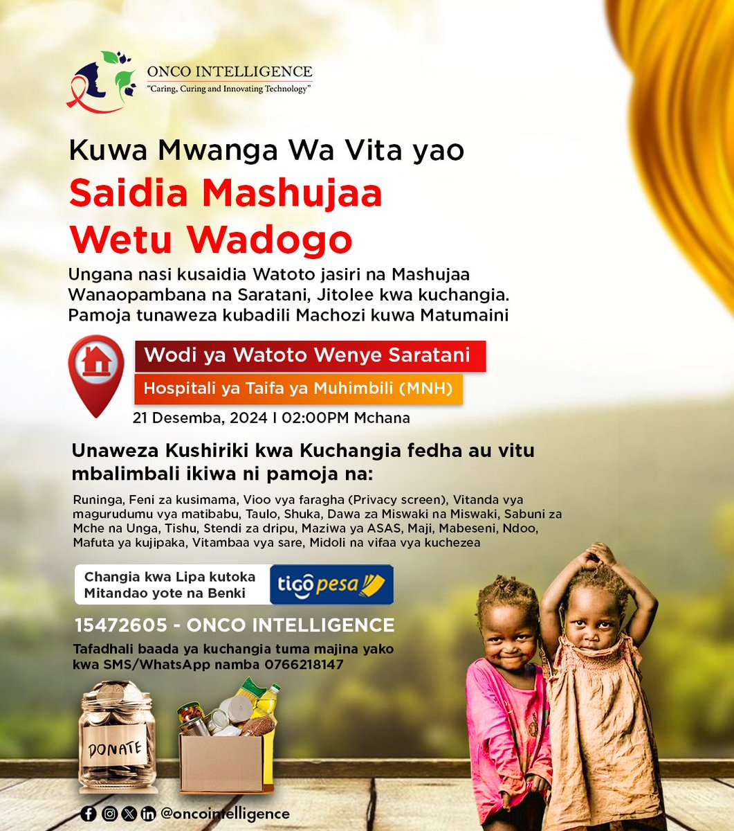 📣📢 Kuwa Mwanga kwa Watoto Wanaopambana na Saratani

Changia Kwa kulipa kutoka mtandao mwingine au benki kupitia TIGO LIPA KWA SIMU, 15472605 (ONCO INTELLIGENCE). Kisha Tuma jina lako kupitia 0766218147

Toa mchango wako leo na uwe sehemu ya kubadili Maisha yao
<a href="/MuhimbiliTaifa/">Muhimbili National Hospital</a>