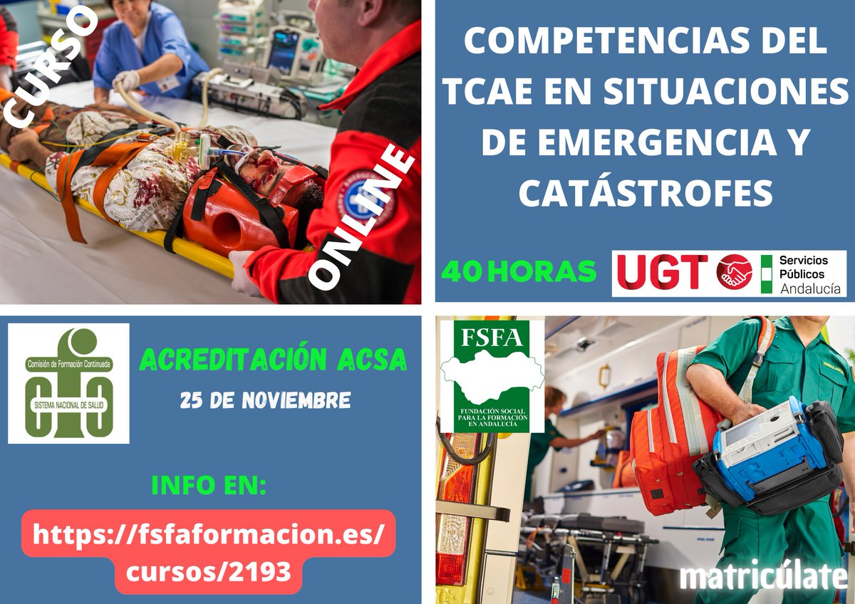 FSFAformacion's tweet photo. FÓRMACION ON LINE.
TCAE EN EMERGENCIAS Y CATÁSTROFES.
40 HORAS.
Acreditación ACSA.
COMIENZO 25 de NOVIEMBRE. ÚLTIMAS PLAZAS.
#cursos #SAS #emergencias #TCAE #catastrofes #UGT #formación #FSFA #cursosonline #ofertaempleo
Toda la info en: https://t.co/lmoRsxrT0l
¡¡Matricúlate¡¡ https://t.co/adjXEHsKje
