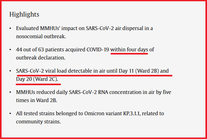 HarrySpoelstra's tweet photo. Tracking SARS-CoV-2 RNA in the Air: Lessons from a COVID-19 Outbreak in an Infirmary Unit

😡A terrible but perfect example why hospitals need to improve their “Healthcare” settings!( study, August 2024/ KP.3.1.1)

➡️They investigated a nosocomial COVID-19 outbreak in an infirmary unit.

➡️“Upon outbreak declaration (2 August 2024, Day 0), 44 (69.8%) of 63 patients acquired COVID-19 in Ward 2B (19 male) and 2C (25 female) by Day 4.”

➡️"SARS-CoV-2 viral load detectable in air until Day 11 (Ward 2B) and Day 20 (Ward 2C)."😲

➡️“Using mobile modular high-efficiency-particulate-air filter units (MMHUs) mitigates the duration and magnitude of SARS-CoV-2 air dispersal during nosocomial outbreak.

Damm it….. #CleanAir is a fundamental Healthcare right, certainly in a Hospital! #Maskup

https://t.co/uWnjmqmX2A