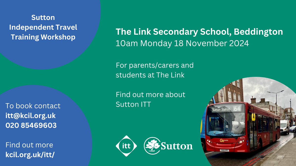 The Sutton ITT team will visit Carew Academy and The Link over the next two weeks. Workshops will be open to parents, carers, and students at the schools, so come and find out more about the benefits of Independent Travel Training.

Find out more kcil.org.uk/upcoming-sutto…