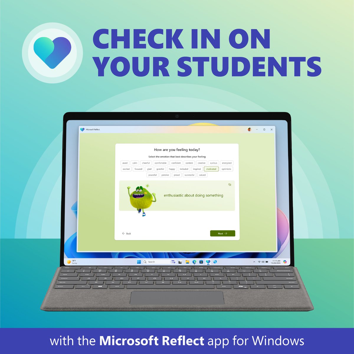MSEducationUK's tweet photo. ✅ Create check-ins
🧠 Take class brain breaks
🤝 Stay connected

Experience the same #MicrosoftEDU Reflect you know and love from the convenience of your start menu or taskbar. Download the #ReflectApp for Windows now: https://t.co/sdMCoGM97z https://t.co/KCdiq7jlec