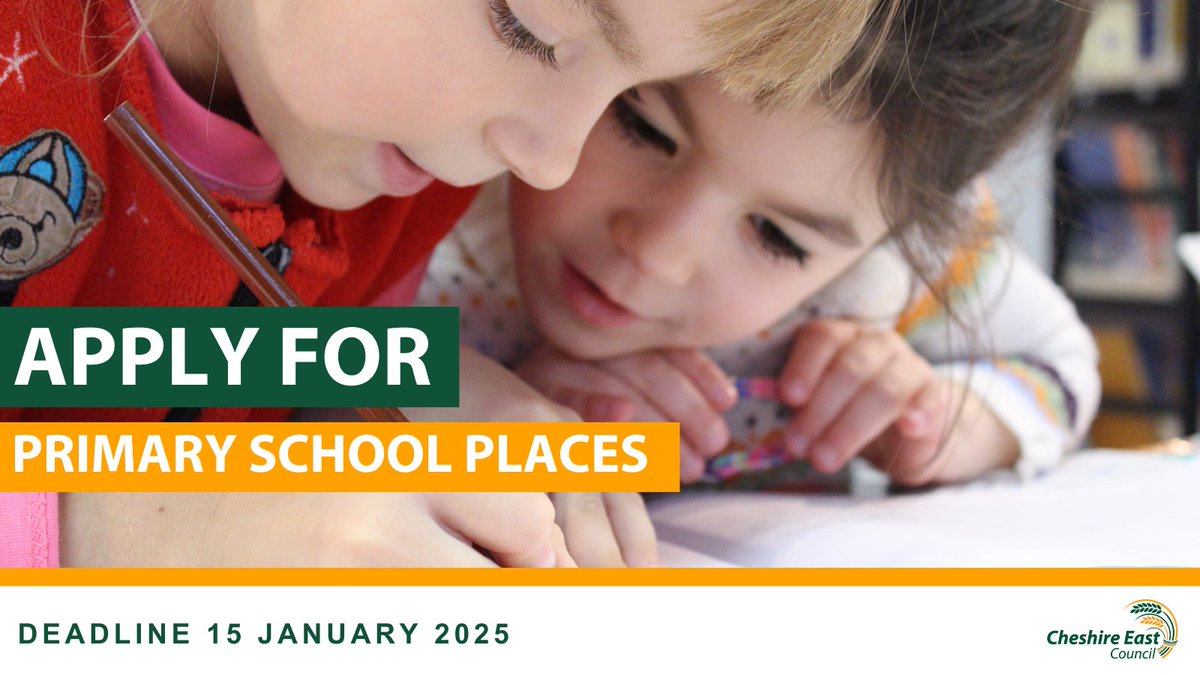 🏫 Tomorrow is the last day to apply on time for reception places for September 2025 – don’t miss out!

 ➡️ Apply at cheshireeast.gov.uk/schools/admiss…

📲 Or call 0300 123 5012 for other options.