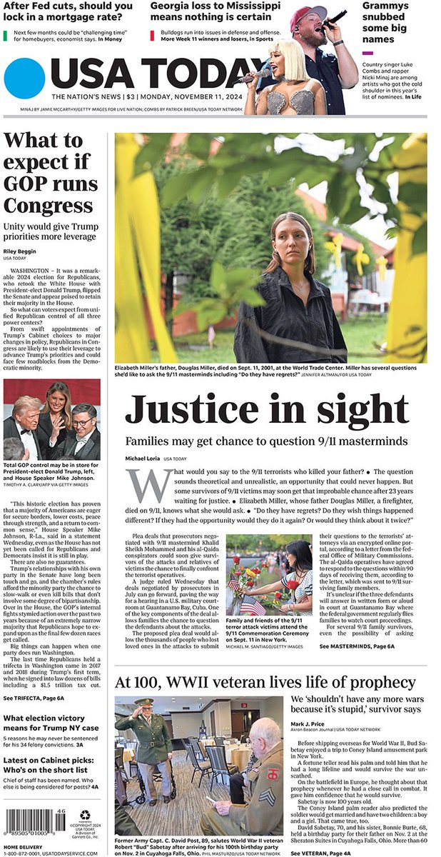 USATODAY's tweet photo. In Monday’s paper:

Question of a lifetime: Families prepare to confront 9/11 masterminds. https://t.co/jQxLf8gbQ3 https://t.co/CbGZ32LnHr