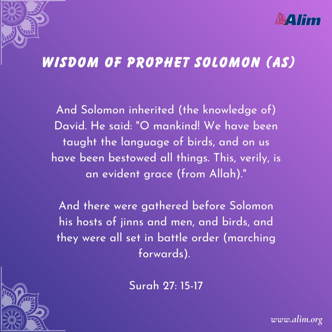 alim_inc's tweet image. 🌟 Wisdom of Prophet Solomon (AS) 🌟

"All the praises and thanks be to Allah, Who has preferred us above many of His believing slaves!"
— Quran 27:15-17
alim.org/history/prophe…

#IslamicHistory #ProphetSolomon #QuranQuotes #SpiritualGrowth #ProphetStories