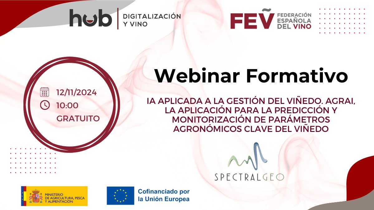 🤖 Mañana descubre cómo la IA puede ser útil para incrementar la rentabilidad en los viñedos a través del webinar presentado por <a href="/spectralgeo/">SpectralGeo</a> y organizado por el #HUB de Digitalización y Vino de la <a href="/FEV_Vino/">FEV</a>.

📅 12-NOV
🕙 10:00 h
 📍 Online
Registro ➡️ us02web.zoom.us/webinar/regist…