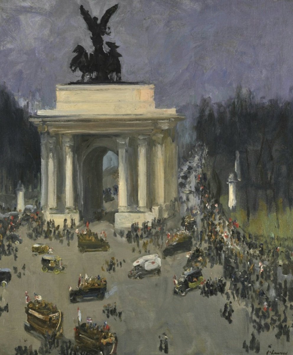 On the 11th November 1918, John Lavery looked across Hyde Park Corner and down Constitution Hill from an upstairs window in St George’s Hospital, and this picture depicts what he saw. Numerous press reports of the day tell us General Foch had signed the surrender document, and