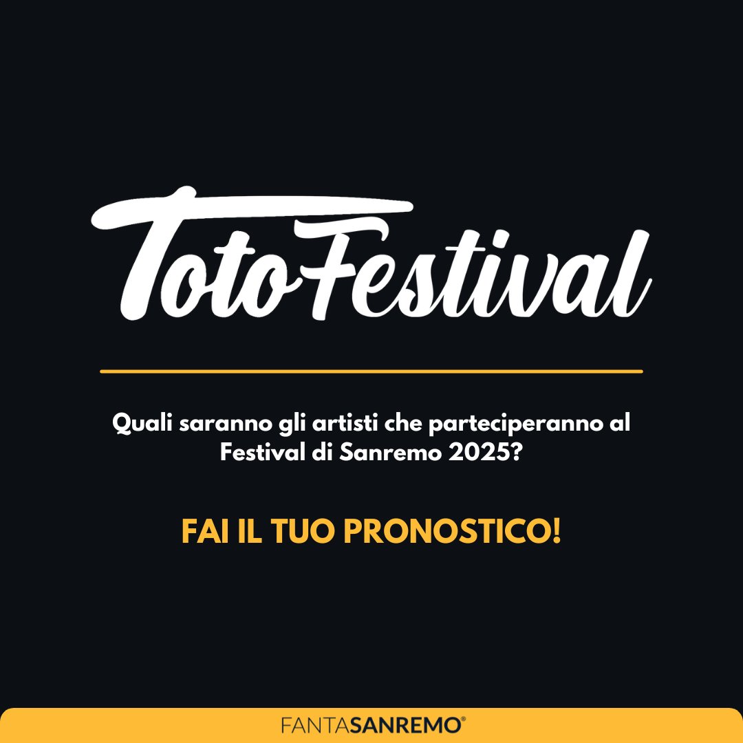 FantaSanremo's tweet photo. TotoFestival, fai il tuo pronostico!
Vai sull'app FantaSanremo o sul sito, clicca TotoFestival e seleziona 5 artisti che, secondo te, parteciperanno al Festival di Sanremo 2025. Se avrai ragione potrai vantarti di avere doti divinatorie!
#totofestival #fantasanremo #sanremo2025 https://t.co/Nqc879cxEg