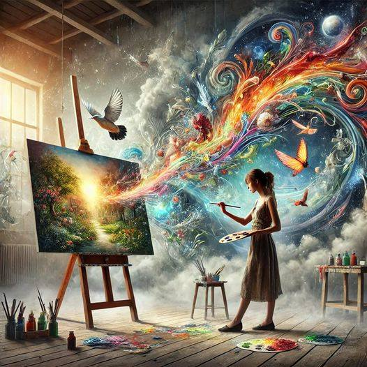 #poem 

She found some faery dust

mixed it in with  her multitude of paintbrushes

life jumped off from her painted... portrait

life she breathed into

her... painted poem

where birds fly 

and colors soar

in tandem with summer dreaming

📸Facebook