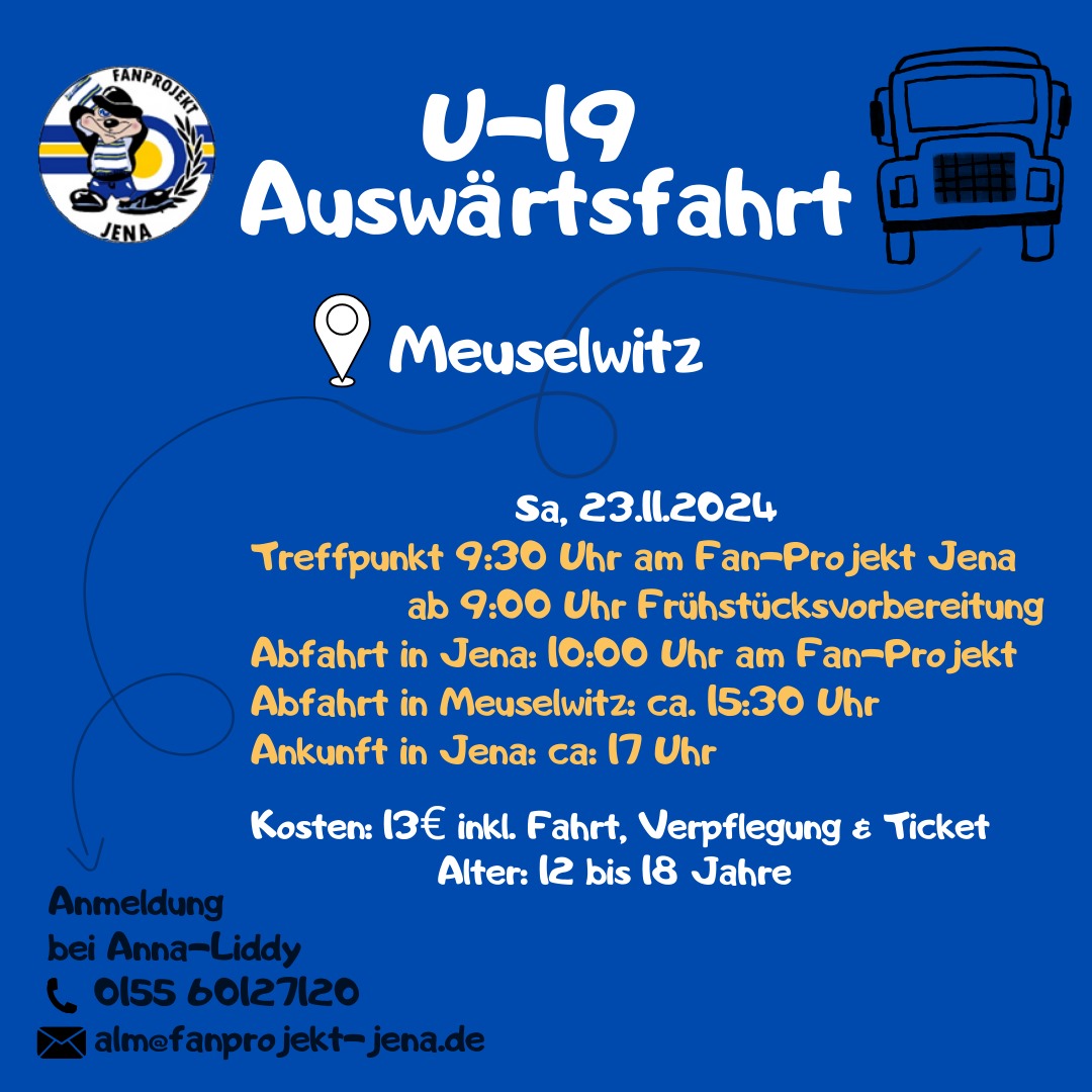 🚍⚽️ Es geht wieder los – auf nach Meuselwitz! Am 23.11. könnt ihr mit uns gemeinsam zum Spiel des FCC fahren.

Melde dich einfach bei Anna, um dabei zu sein! 💬

💙💛🤍

#fanprojektjena #Auswärtsspiel #Meuselwitz #fcczj #sozialearbeitmitfußballfans