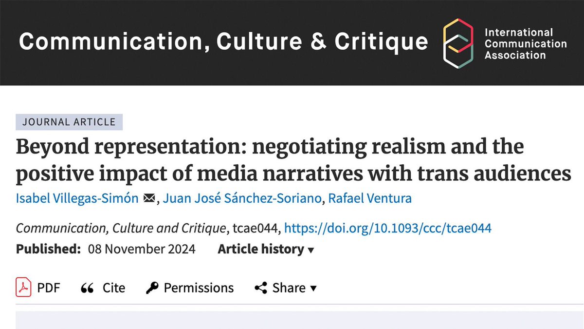 Rafael Ventura (@rafavenal) on Twitter photo Our lastest publication in the <a href="/icahdq/">International Communication Association</a> journal “Communication, Culture & Critique”. This article explores trans audiences’ demands for authenticity in media representation. Co-authored by <a href="/Isa_Villegas_/">Isa Villegas</a>, <a href="/juanjosanss/">Juanjo</a> and <a href="/rafavenal/">Rafael Ventura</a>. Read more here:
🔗track.smtpsendmail.com/9032119/c?p=lz… Our lastest publication in the <a href="/icahdq/">International Communication Association</a> journal “Communication, Culture & Critique”. This article explores trans audiences’ demands for authenticity in media representation. Co-authored by <a href="/Isa_Villegas_/">Isa Villegas</a>, <a href="/juanjosanss/">Juanjo</a> and <a href="/rafavenal/">Rafael Ventura</a>. Read more here:
🔗track.smtpsendmail.com/9032119/c?p=lz…