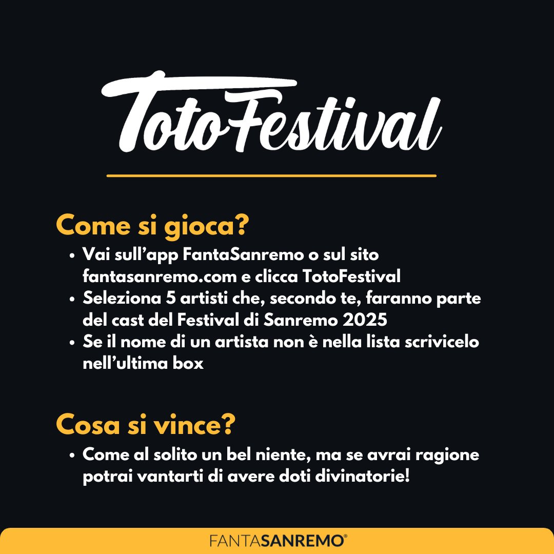FantaSanremo's tweet photo. TotoFestival, fai il tuo pronostico!
Vai sull'app FantaSanremo o sul sito, clicca TotoFestival e seleziona 5 artisti che, secondo te, parteciperanno al Festival di Sanremo 2025. Se avrai ragione potrai vantarti di avere doti divinatorie!
#totofestival #fantasanremo #sanremo2025 https://t.co/Nqc879cxEg