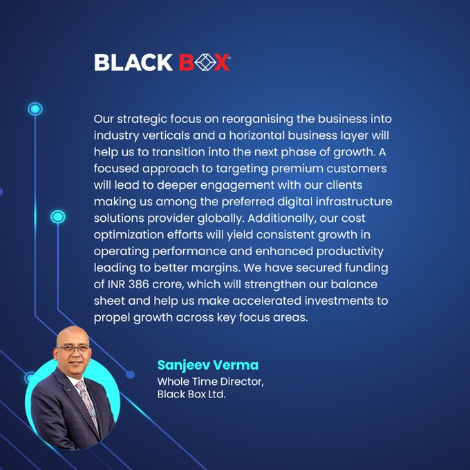 blackbox_ns's tweet photo. Black Box, @Essar's  key technology arm, reports robust Q2 FY25 financial results!

With steady year-over-year growth in PAT and EBITDA, backed by a sharp go-to-market strategy, Black Box is set for its next growth phase.

Read the full #PressRelease here: https://t.co/4UGekZdngH

#BBox #BlackBox #Q2FY25 #EarningsRelease