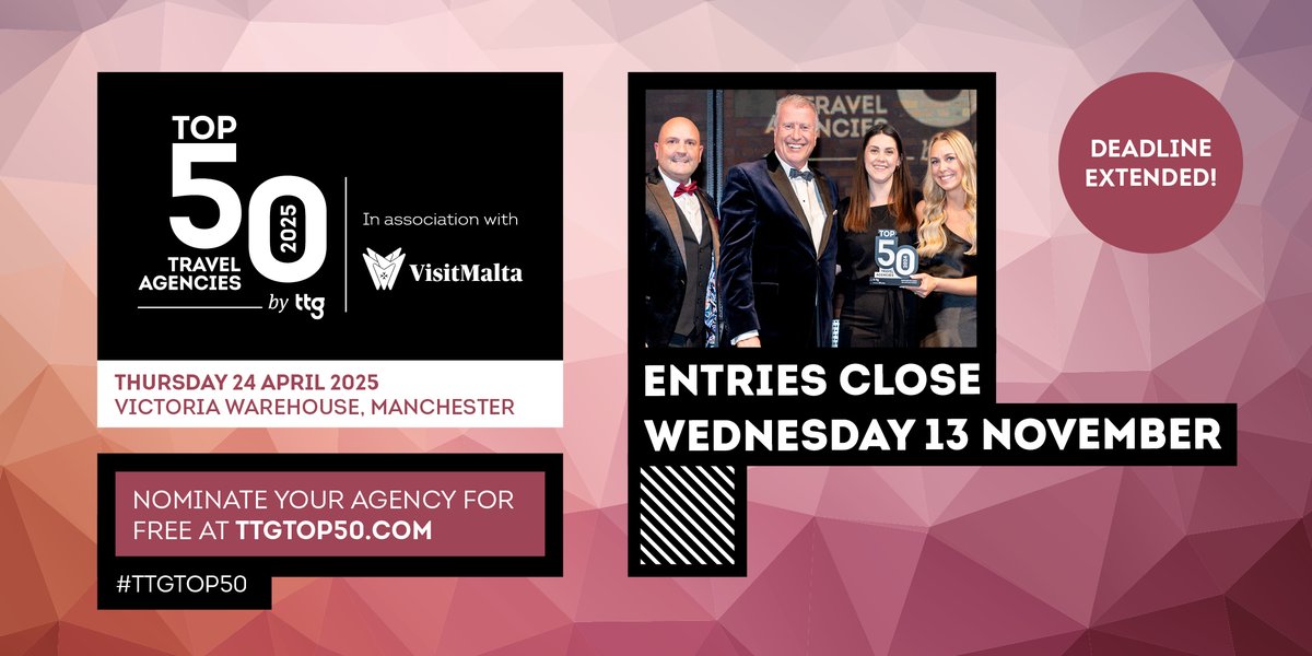 📣Deadline extended for #TTGTop50!

Planning on entering your agency but ran out of time? Never fear! You've got until midnight on 13 November🕛 

Don't miss out on this chance to earn a place in our prestigious 2025 list!

➡️Enter for free: ttgtop50.com 
#travelagents
