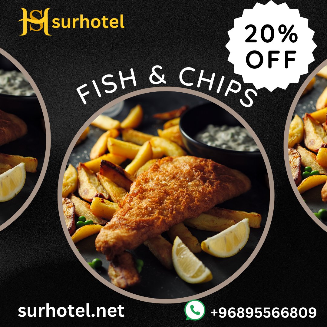 surhotel's tweet photo. 20% OFF Fish &amp; Chips at Sur Hotel! 🍽️ Hurry up and grab this delicious deal! Offer valid till December 12, 2024. #SurHotelOman #FishAndChips 📞 +96895566809 (WhatsApp) 🌐 https://t.co/KOjQMDiwVm https://t.co/0ajWRxtpvw