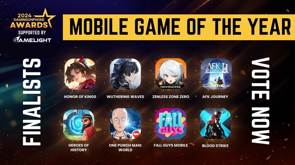 GamingonPhone's tweet image. We are glad to announce the finalists for GamingonPhone Awards 2024, supported by Gamelight! (1/30) 🎉

🏆 Mobile Game Of The Year

🎖️ @HonorOfKings from @LevelInfinite &amp;amp; @timistudios 
🎖️ @Wuthering_Waves from Kuro Games
🎖️ @ZZZ_EN from HoYoverse
🎖️ @AFK_Journey from FARLIGHT…