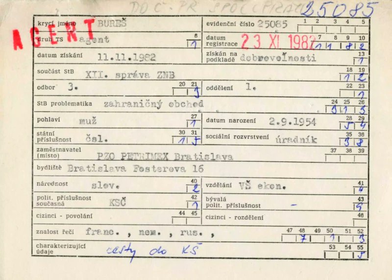 Dne 11.listopadu 1982 byl získán agent Bureš pro spolupráci s StB ve  vinárně U Obuvníka. Na Slovensku dostal nedávno potvrzení, že o tom  nevěděl.