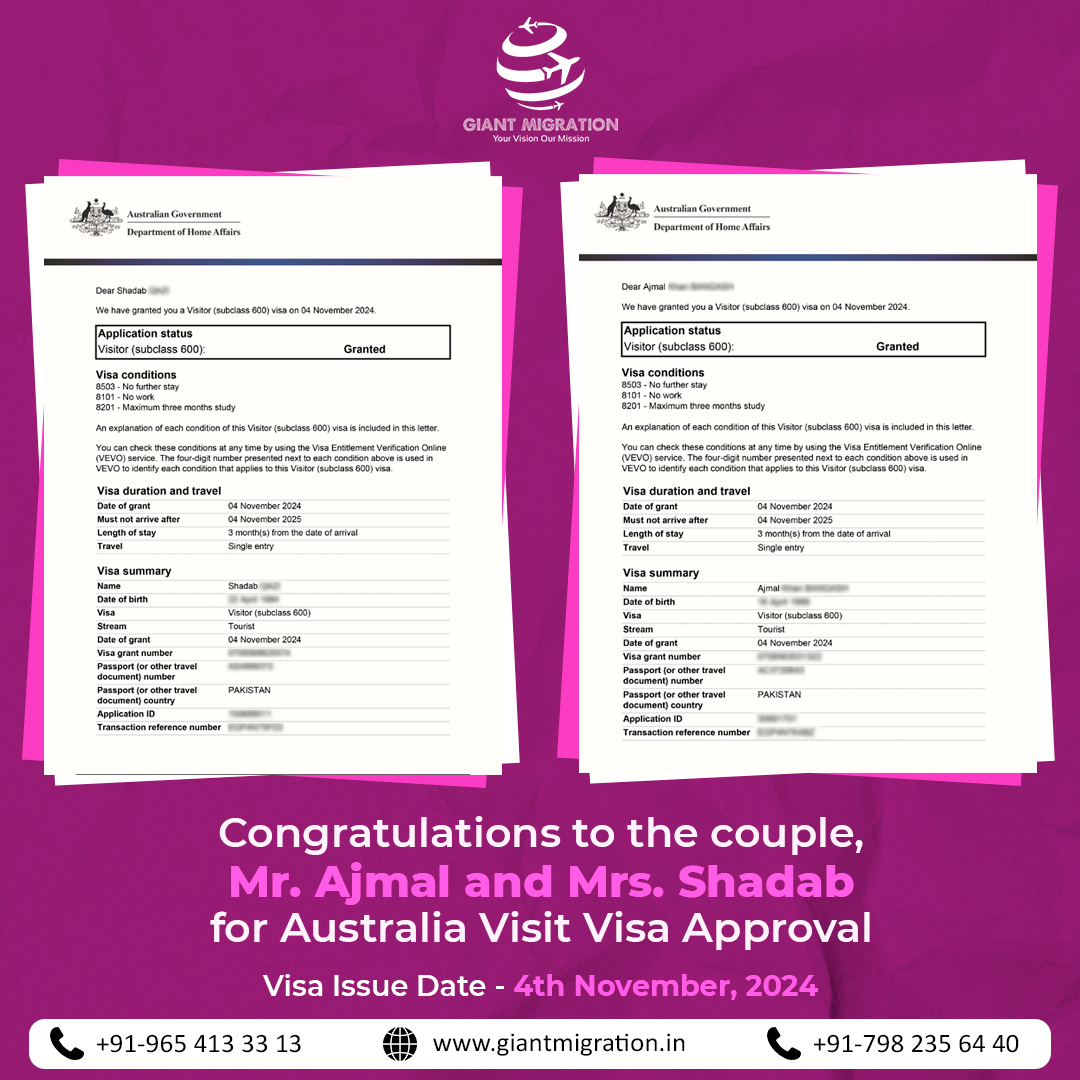 GiantMigration's tweet image. A huge congratulations to the amazing couple, Mr. Ajmal and Mrs. Shadab, for securing their #Australiavisitvisa (#Subclass600) 

📞 +971-488 499 68 (UAE)
📞 +974-7765 1191 (Qatar)
📞+91-96541 33313 (Delhi)

#SuccessStory #VisitVisa #ExploreAustralia #Visaapproval #Australiavisa