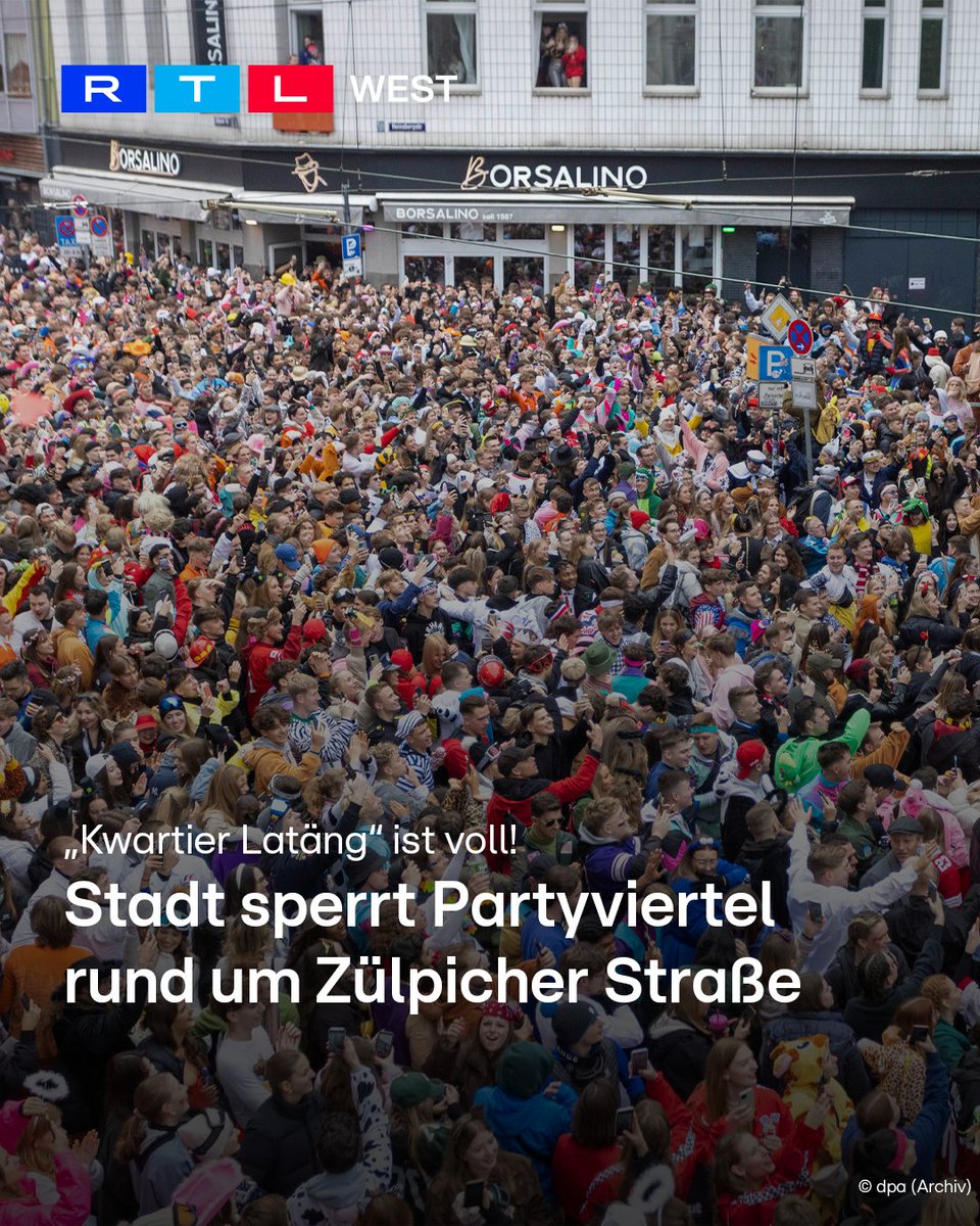 RTLWEST's tweet photo. Die #Karnevalisten sind in #Köln zahlreich vertreten – so musste die Stadt die Zugänge für das Partyviertel rund um die Zülpicher Straße bereits sperren. Für #Jecke, die nicht mehr dorthin kommen, stehen aber Ausweichflächen auf den #Uniwiesen zur Verfügung. Insgesamt werden über den Tag zehntausende Karnevalisten in Köln erwartet.