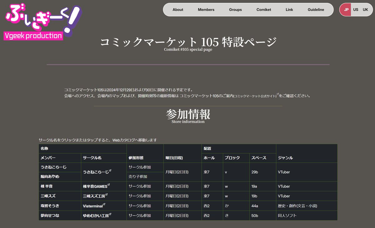 vgeekproduction's tweet photo. 【ウェブサイト更新のお知らせ】

IT 系 VTuber のグループ「#ぶいぎーく！」ですが、今回コミックマーケット105に参加するメンバーも多いです！

参加するVTuberが一覧できるように、特設ページを作りました👀

これは要チェック！ #C105 #C105WebCatalog 
https://t.co/Y6i6Zgtdh7 https://t.co/2xSkYBpfVl