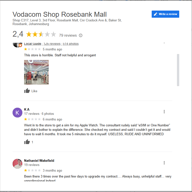GeeDapper's tweet photo. @Vodacom why are you not doing anything about your staff at #vodacomrosebankmall, i mean it's not like you are not seeing it's reviews on google. This is so annoying really, especially that your well known store is located at a conveniently situated trendy suburb, business node! https://t.co/C2eXP35yZO