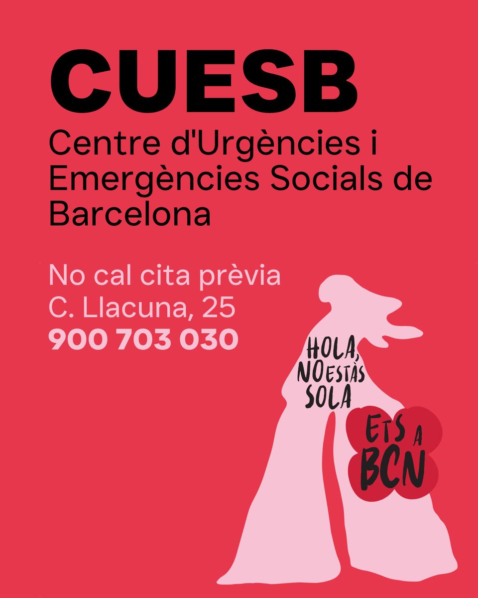 barcelona_cat's tweet photo. Altres serveis amb atenció 24 hores/365 dies:
Línia d'atenció contra la violència masclista
📞 900 900 120
🔹 Gratuïta i no deixa rastre al registre de trucades
Centre d'Urgències i Emergències Socials de Barcelona #CUESB
🔹 No cal cita prèvia
🔗 https://t.co/sBSbJn2gF3 https://t.co/ktbwmL2VyK