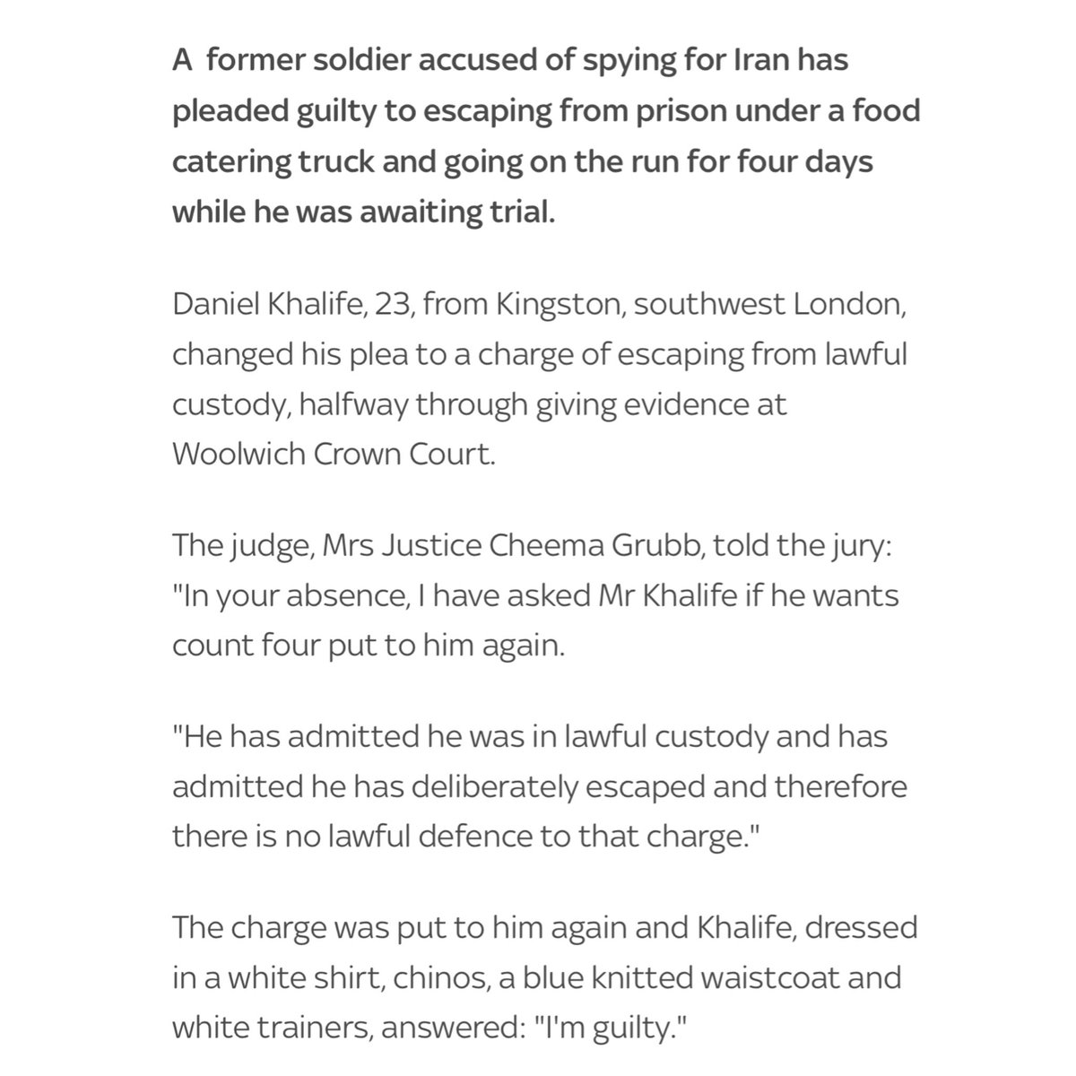 OnlyForces's tweet image. former soldier accused of spying for Iran has pleaded guilty to escaping from prison under a food catering truck and going on the run for four days has pleaded guilty!