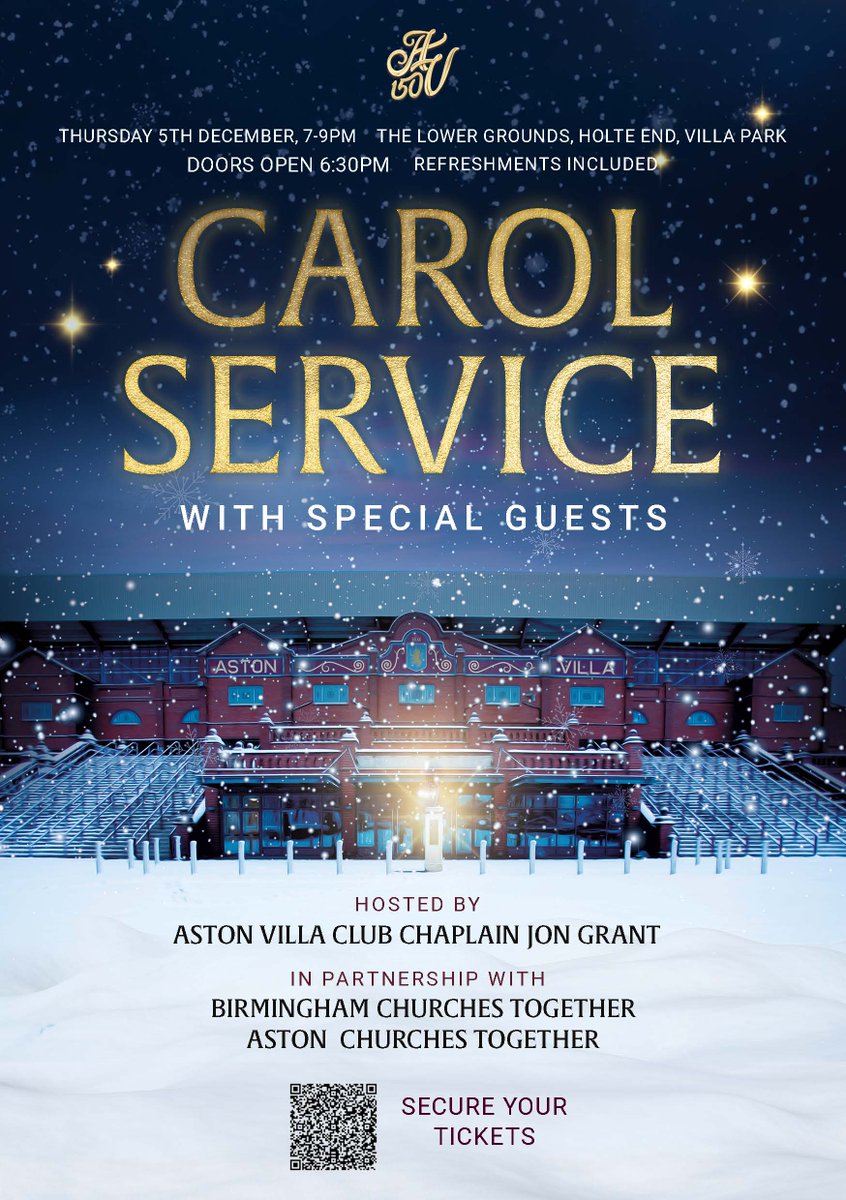 Rev.Jon Grant (@jonpgrant) on Twitter photo <a href="/AVFCOfficial/">Aston Villa</a> free Christmas Carol service - 5th Dec. In the Lower Grounds, some of the carols will be sung by candle light in the Holte End stand. Would be great to see you! Please use QR code on the flyer for more info and to secure your ticket buytickets.at/astonvillacaro… <a href="/AVFCOfficial/">Aston Villa</a> free Christmas Carol service - 5th Dec. In the Lower Grounds, some of the carols will be sung by candle light in the Holte End stand. Would be great to see you! Please use QR code on the flyer for more info and to secure your ticket buytickets.at/astonvillacaro…