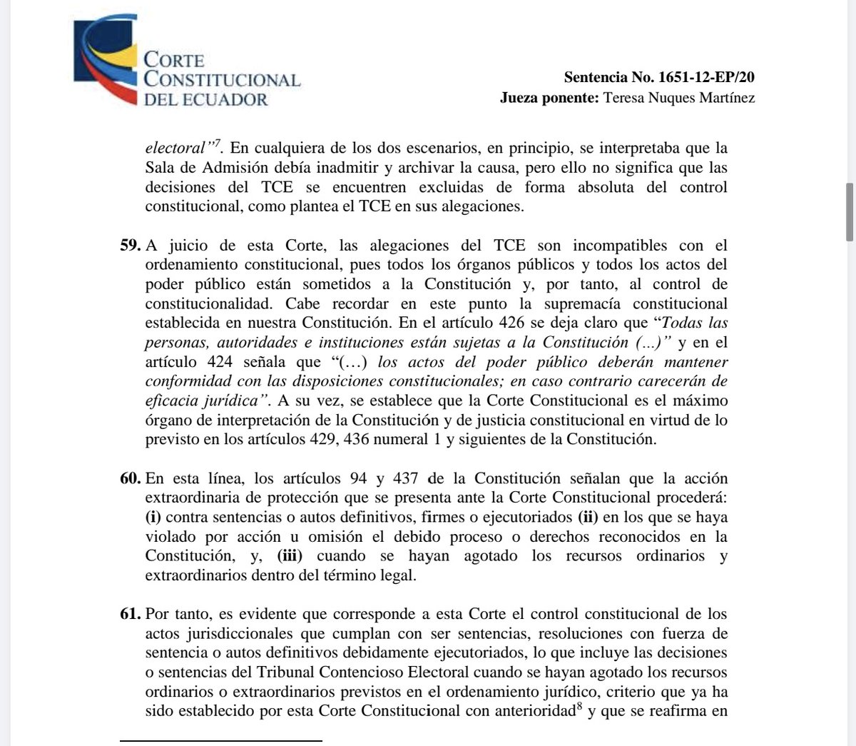 LoloMino's tweet photo. A propósito de la discusión que teníamos con @MoniJaramilloEc el otro día, sobre la procedibilidad de la AEP para casos como el de @jantopicecuador (hilo🧵):

1. En sentencia 1651-12-EP/20 (Caso Vistazo) la CCE indicó que el artículo 62 LOGJCC debe leerse integralmente con otros artículos de  esa norma y de la CCE ,especialmente con el derecho de acceso a la justicia.