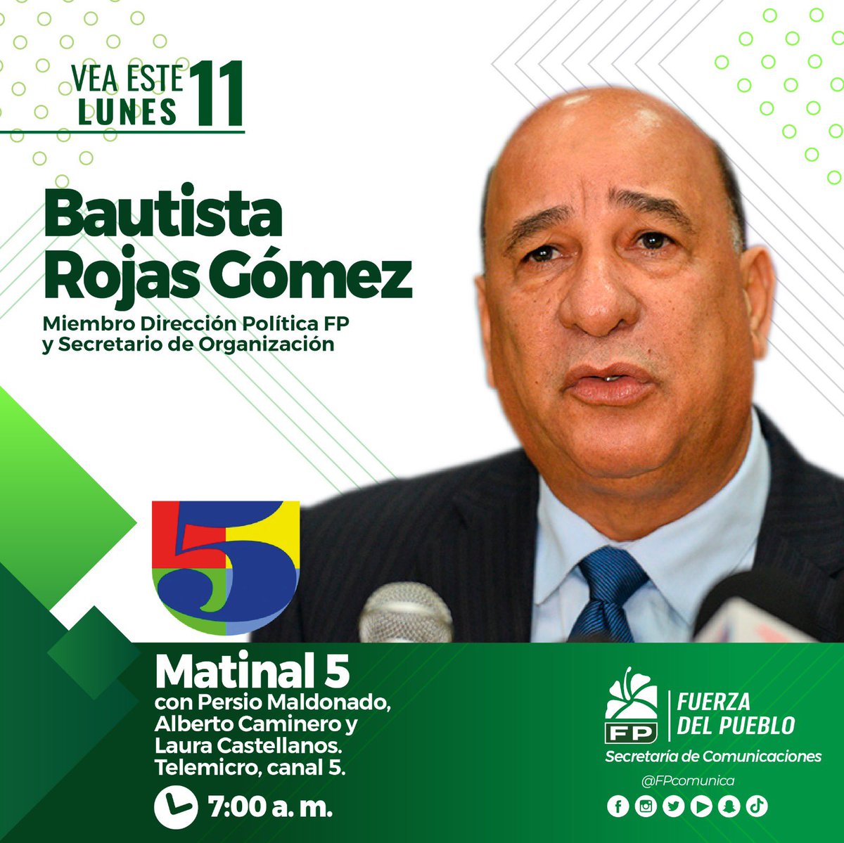 En unos minutos estaré en la entrevista de <a href="/Matinal5/">Matinal</a> por <a href="/TelemicroHD/">Telemicro</a>, acompáñame. 

#Bautaenel5
#FelizLunesATodos